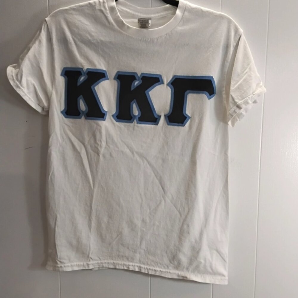 Kappa White Tee with Blue Greek Letters